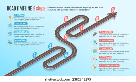 Isometric navigation map infographic 9 steps timeline concept. Winding road. Vector illustration.