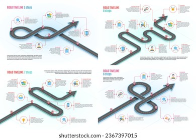 Isometric navigation map infographic timeline concept. Winding road. Vector illustration set