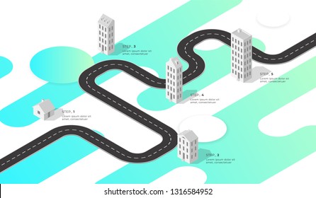 Isometric Navigation Map Infographic. Winding Road. Vector Illustration.