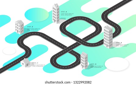 Isometric navigation map infographic. Winding road. Vector illustration.