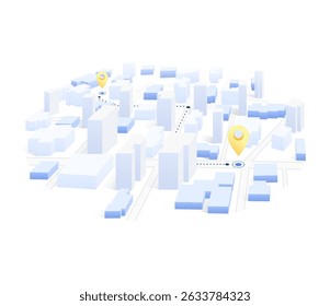 Isometric navigation on city concept. Geolocation yellow pin on street. City map with route. Tourism and travel. Vector illustration isolated on white background