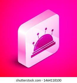 Isometric Needle bed and needles icon isolated on pink background. Handmade and sewing theme. Silver square button. Vector Illustration