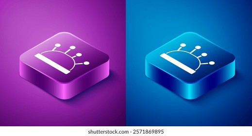 Isometric Needle bed and needles icon isolated on blue and purple background. Handmade and sewing theme. Square button. Vector