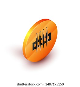 Isometric Needle for sewing icon isolated on white background. Tailor symbol. Textile sew up craft sign. Embroidery tool. Orange circle button. Vector Illustration