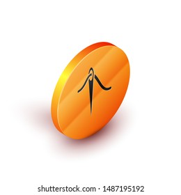 Isometric Needle for sewing with thread icon isolated on white background. Tailor symbol. Textile sew up craft sign. Embroidery tool. Orange circle button. Vector Illustration