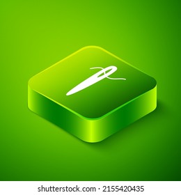 Isometric Needle for sewing with thread icon isolated on green background. Tailor symbol. Textile sew up craft sign. Embroidery tool. Green square button. Vector