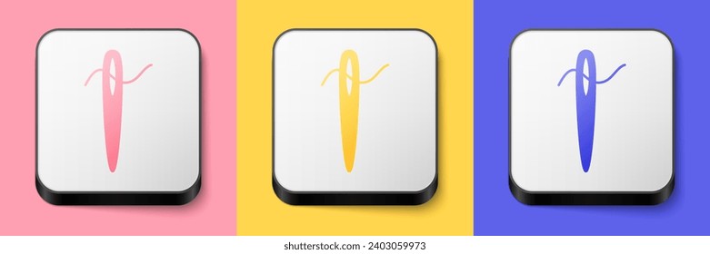 Aguja isométrica para coser con icono de hilo aislado en fondo rosa, amarillo y azul. Símbolo sastre. Señal de naves de coser textiles. Herramienta de bordado. Botón cuadrado. Vector