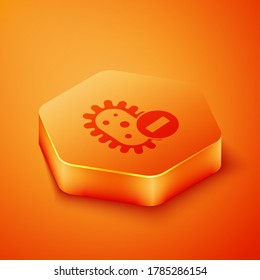 Isometric Negative virus icon isolated on orange background. Corona virus 2019-nCoV. Bacteria and germs, cell cancer, microbe, fungi. Orange hexagon button. Vector Illustration