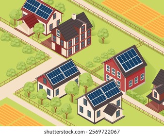 Isometric neighborhood with houses featuring solar panels, gardens, trees, and vegetable plots along structured pathways. Ideal for sustainable living designs. Vector illustration