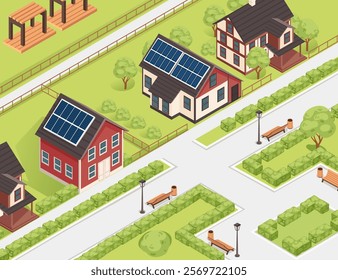 Isometric neighborhood with houses featuring solar panels, greenery, and a garden. Ideal for housing or environmental projects. Vector illustration
