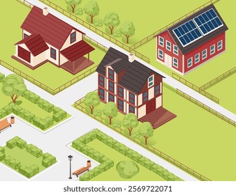 Isometric neighborhood with houses, trees, and gardens. Ideal for housing or real estate illustrations. Vector illustration