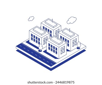 Barrio isométrico con casas idénticas. Desarrollo típico de un barrio o suburbio. Mapa de un barrio con casas lineales para un Sitio web o aplicación.