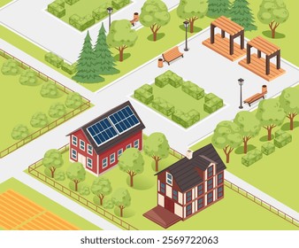 Isometric neighborhood with a mix of houses, gardens, and pathways. Great for real estate or urban visuals. Vector illustration