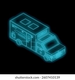 Isometric neon ambulance car glowing on dark background, perfect for healthcare and emergency services