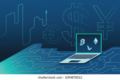 Isometric neon background.Mining bitcoin and crypto mining server farm room,laptop,ultraviolet  vector illustration cryptocurrency,analysis statistics.Virtual currency.Blockchain.marketing techniques