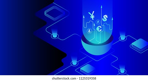 Isometric neon background.Mining bitcoin crypto currency, mining server farm room,ultraviolet virtual currency isometric investment into cryptocurrency, analysis statistics growth chart.Digital money