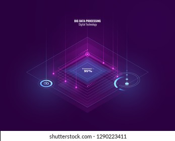 Isometric neon banner of digital technology, big data processing, server room, future of tech, line of moving flow of data, internet security, blockchain concept, isometric vector pink blue