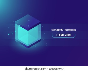 Isometric Neon Big Data Storage Block Concept, Abstract Technology Banner, Shining Cube Box, Blockchain Vector Illustration