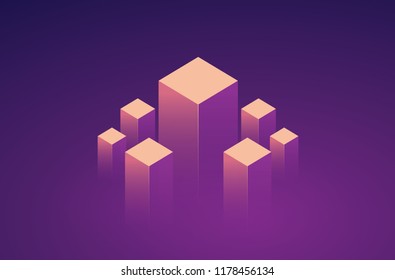 Isometric neon big data storage block concept, abstract technology banner,