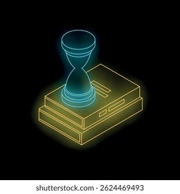 Isometric neon blue hourglass on yellow glowing folder symbolizing time management and deadline on black background