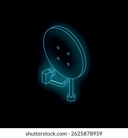 Isometric neon blue satellite dish receiving data on a black background