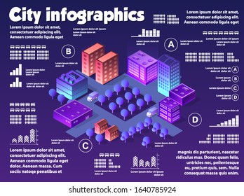 Isometric neon city infographics of violet colors 3d building modern town street, urban road architecture. Ultraviolet illustration map of isometry for the business design concept.