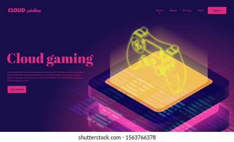 Isometric neon gamepad and cloud server. Game streamong landing page design template. Vector illustration.