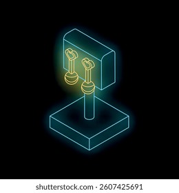 Isometric neon glowing icon of golden earrings with heart shape pendant displayed on jewelry stand on black background