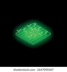 Isometric neon green cultivated field with growing plants, symbolizing agriculture, farming, and cultivation