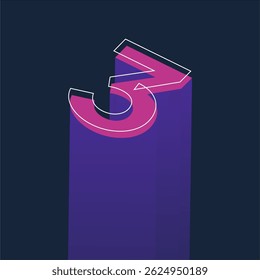 Isometrisches Neon Nummer 3 Typografie Design mit Retro Futuristischen Stil auf dunklem Hintergrund