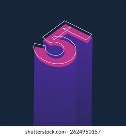 Isometric Neon Number 5 Typography Design with Retro Futuristic Style on Dark Background