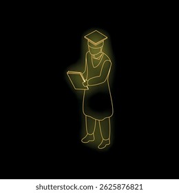 Isometric neon style illustration of a graduate student reading a book, representing education, graduation, and academic achievement