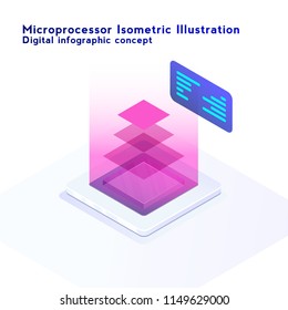 Isometric neon styled illustration of CPU chip. Electronic digital computer banner with computer microprocessor with processing layers concept.