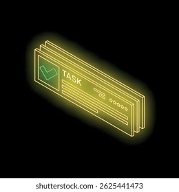 Isometric neon task management bars with a green check mark and five star rating, indicating successful completion