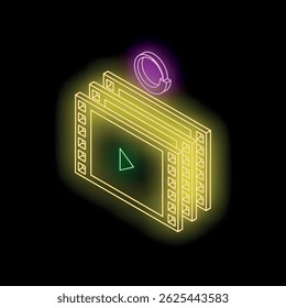 Isometric neon video player is being updated, showing rotating arrows