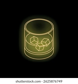 Isometric neon yellow glass of whiskey with ice cubes glowing on black background