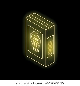 Isometric neon yellow glowing flour box isolated on black background