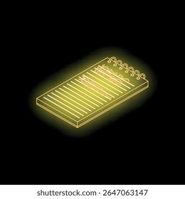 Isometric neon yellow notepad with spiral binding glowing on black background, representing note taking, planning, and organization