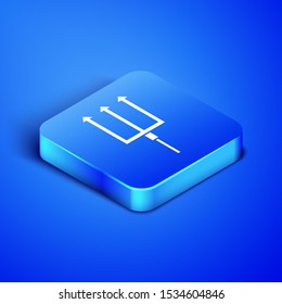 Isometric Neptune Trident icon isolated on blue background. Blue square button. Vector Illustration