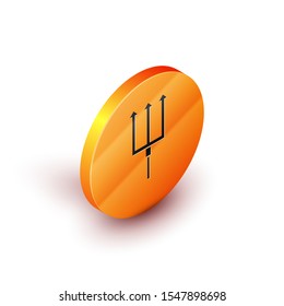 Isometric Neptune Trident icon isolated on white background. Orange circle button. Vector Illustration