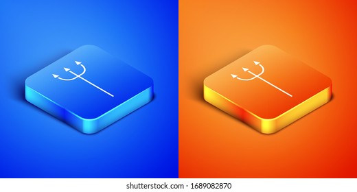 Isometric Neptune Trident icon isolated on blue and orange background. Square button. Vector Illustration