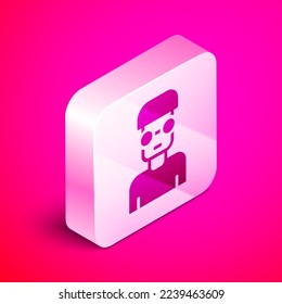 Isometric Nerd geek icon isolated on pink background. Silver square button. Vector