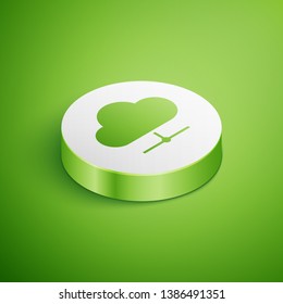 Isometric Network cloud connection icon isolated on green background. Social technology. Cloud computing concept. White circle button. Vector Illustration