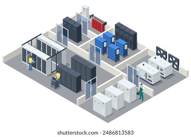 Isometric Network computing technologies. Digital space. Data storage. The data center provides data storage and processing, delivering high performance for big data analysis and machine learning.