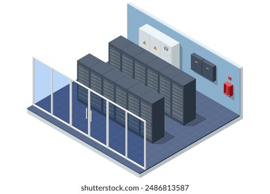Isometric Network computing technologies Digital space. Data storage. Data center implements reliable security and backup systems, protecting data from cyberattacks, ensuring recovery in case of loss