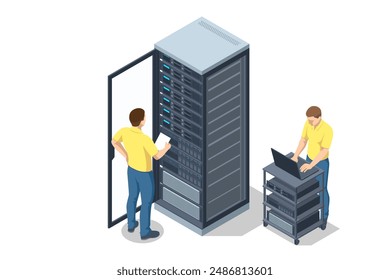 Tecnologías informáticas de redes isométricas. Espacio digital. Almacenamiento de datos Los especialistas del centro de datos supervisan continuamente la infraestructura y gestionan los recursos de la red, garantizando la continuidad de la empresa