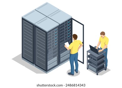 Isometric Network computing technologies. Digital space. Data storage. The data center provides data storage and processing, delivering high performance for big data analysis and machine learning.