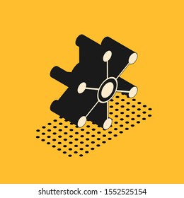 Isometric Network icon isolated on yellow background. Global network connection. Global technology or social network. Connecting dots and lines.  Vector Illustration