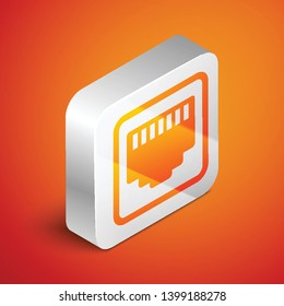 Isometric Network port - cable socket icon isolated on orange background. LAN, ethernet port sign. Local area connector icon. Silver square button. Vector Illustration