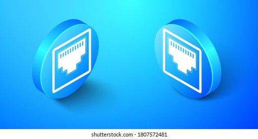 Isometric Network Port - Cable Socket Icon Isolated On Blue Background. LAN Port Icon. Ethernet Simple Icon. Local Area Connector Icon. Blue Circle Button. Vector.